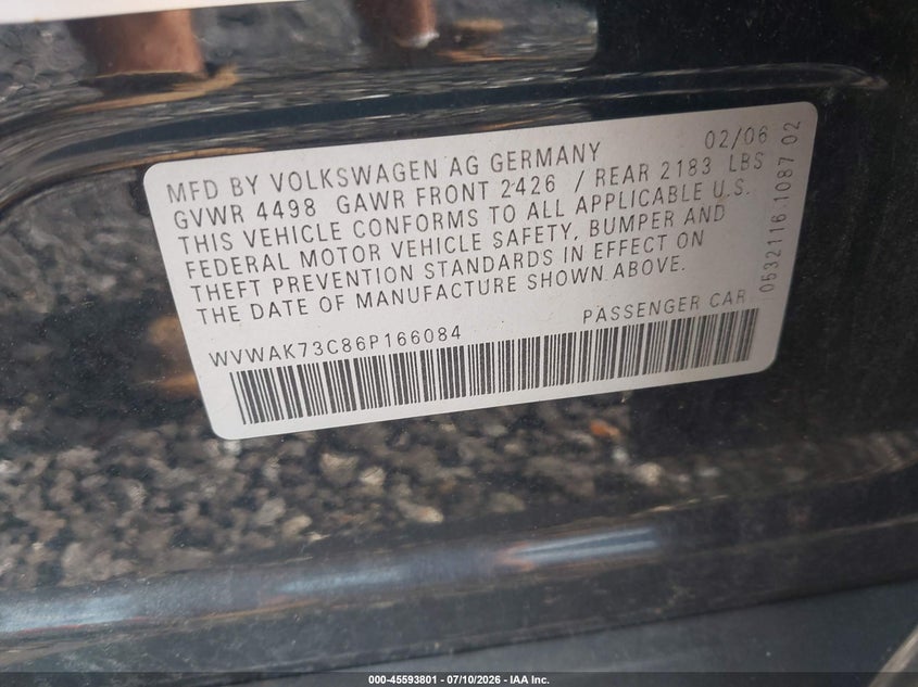 2006 Volkswagen Passat VIN WVWAK73C86P166084 IAAI salvage auction — NORMAL WEAR, Clear (New York), sold $450 on 2026-08-04 (photo 9)