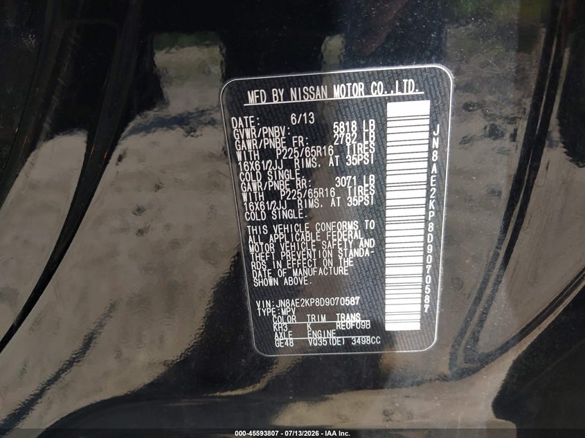 2013 Nissan Quest VIN JN8AE2KP8D9070587 IAAI salvage auction — NORMAL WEAR, Clear (Pennsylvania), sold $400 on 2026-07-28 (photo 9)