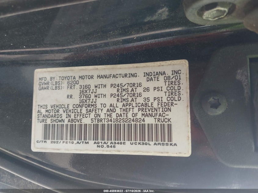 2002 Toyota Tundra VIN 5TBRT34182S224824 IAAI salvage auction — NORMAL WEAR, Clear (Alabama), sold $500 on 2026-07-15 (photo 9)