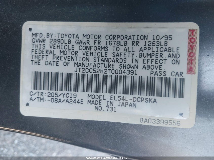 1996 Toyota Paseo VIN JT2CC52H2T0004391 IAAI salvage auction — FRONT END, Salvage (Pennsylvania), sold $275 on 2026-07-31 (photo 9)