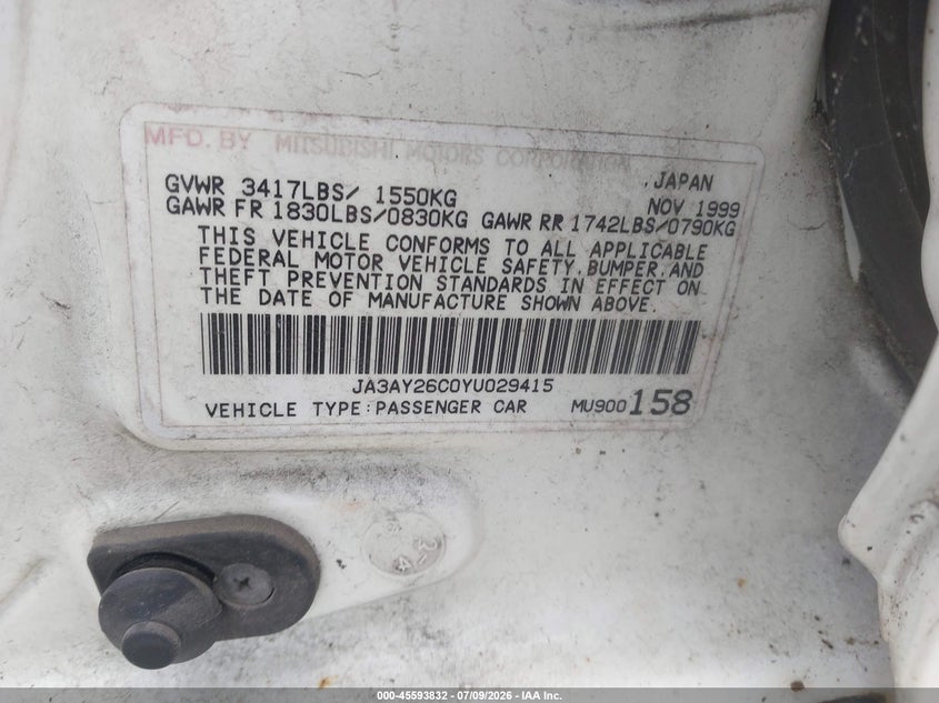 2000 Mitsubishi Mirage VIN JA3AY26C0YU029415 IAAI salvage auction — NORMAL WEAR, Clear (Kansas), sold $350 on 2026-07-15 (photo 9)