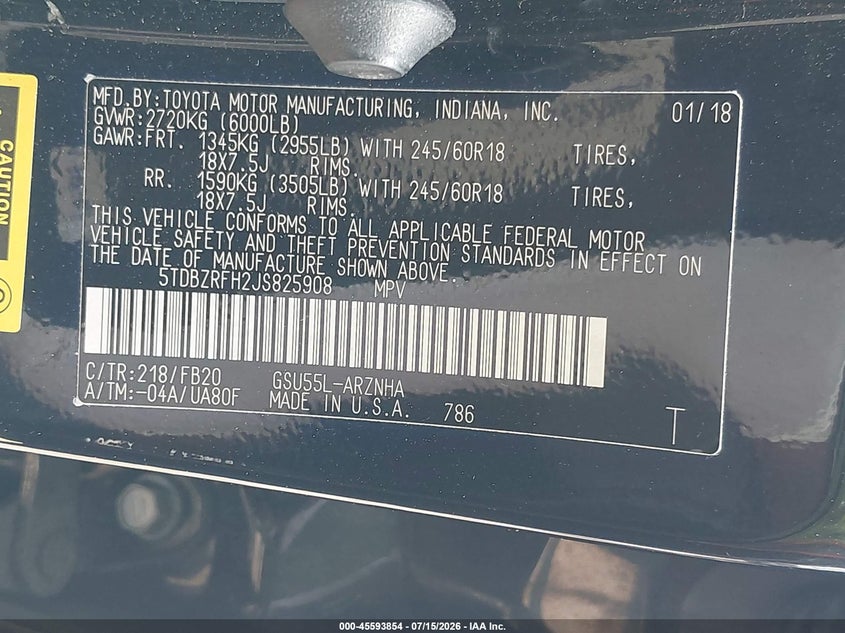 2018 Toyota Highlander VIN 5TDBZRFH2JS825908 IAAI salvage auction — FRONT END, Clear (New York), sold $3,350 on 2026-07-29 (photo 9)