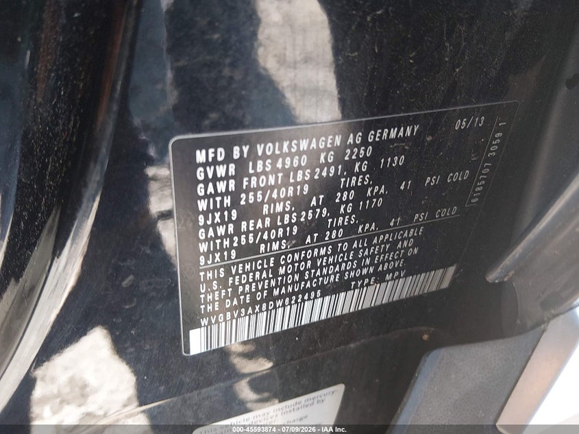 2013 Volkswagen Tiguan VIN WVGBV3AX8DW622495 IAAI salvage auction — NORMAL WEAR, Clear (Massachusetts), sold $375 on 2026-07-29 (photo 9)