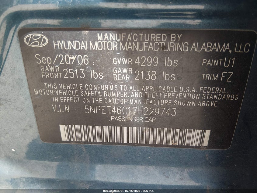 2007 Hyundai Sonata VIN 5NPET46C17H229743 IAAI salvage auction — NORMAL WEAR, Clear (Colorado), sold $150 on 2026-07-29 (photo 9)