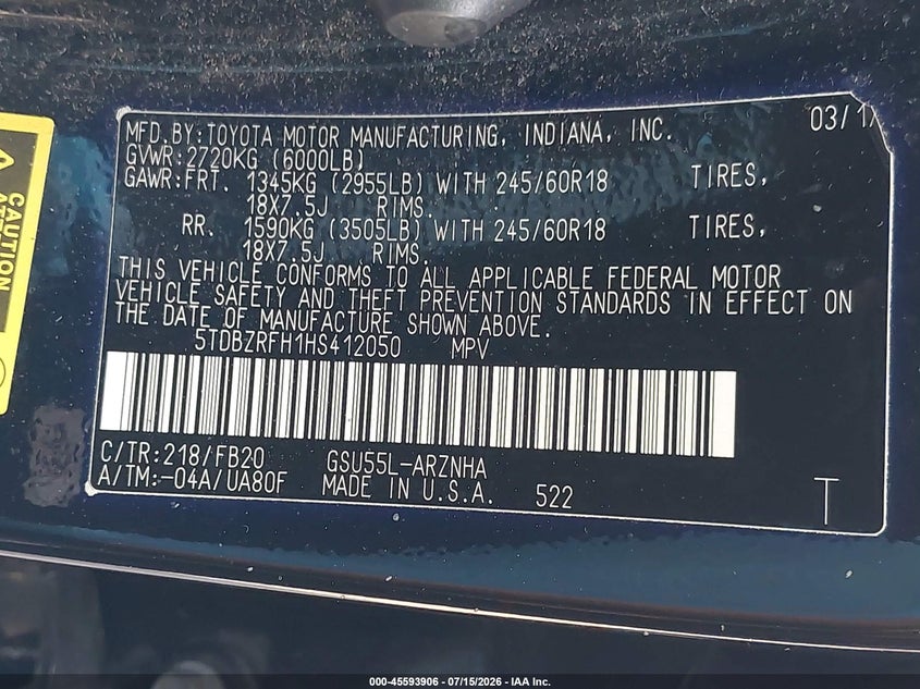 2017 Toyota Highlander VIN 5TDBZRFH1HS412050 IAAI salvage auction — RIGHT SIDE, Clear (New York), sold $5,525 on 2026-08-01 (photo 9)