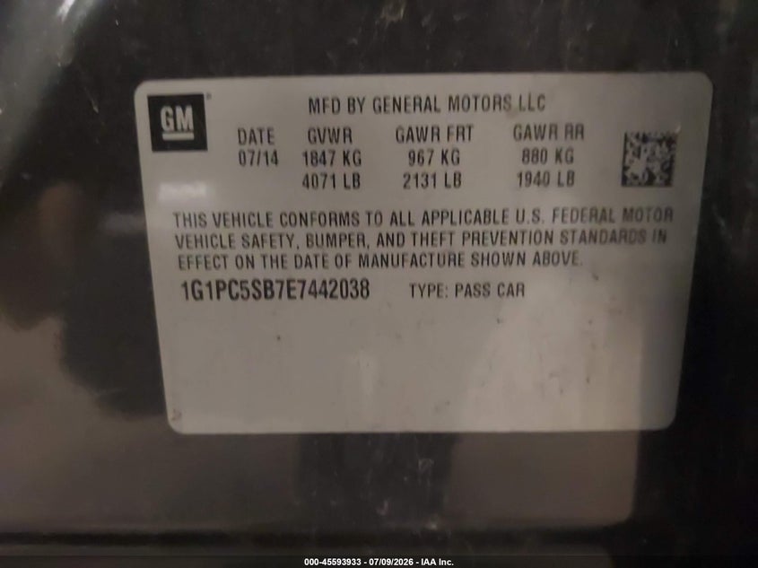 2014 Chevrolet Cruze VIN 1G1PC5SB7E7442038 IAAI salvage auction — NORMAL WEAR, Prior Salvage (Minnesota), sold $475 on 2026-07-17 (photo 9)