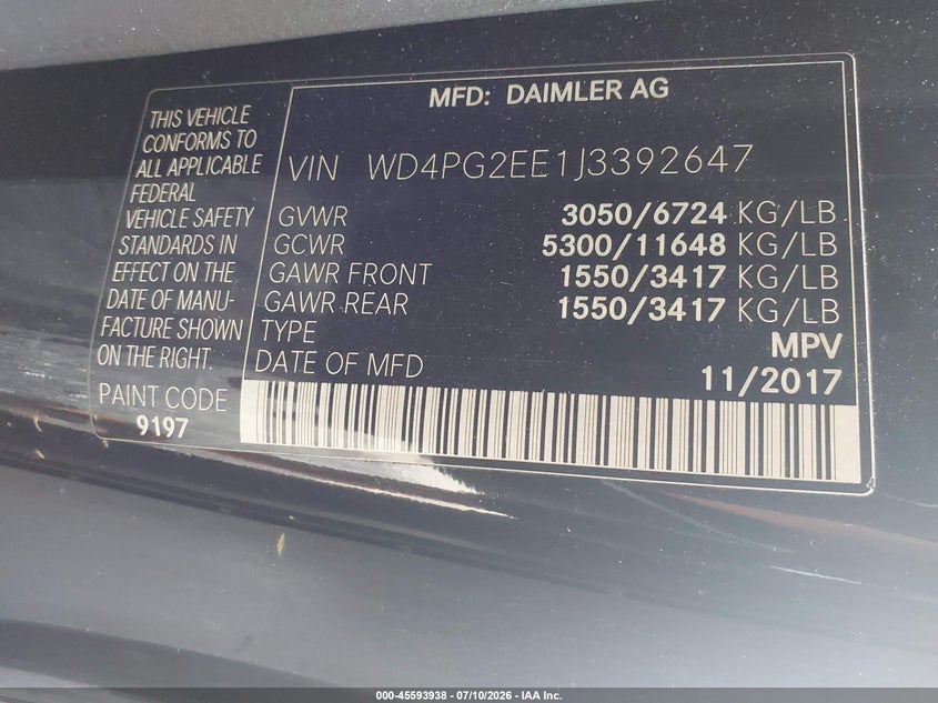 2018 Mercedes-benz Metris VIN WD4PG2EE1J3392647 IAAI salvage auction — ALL OVER, Clear (New York), sold $2,925 on 2026-07-29 (photo 9)
