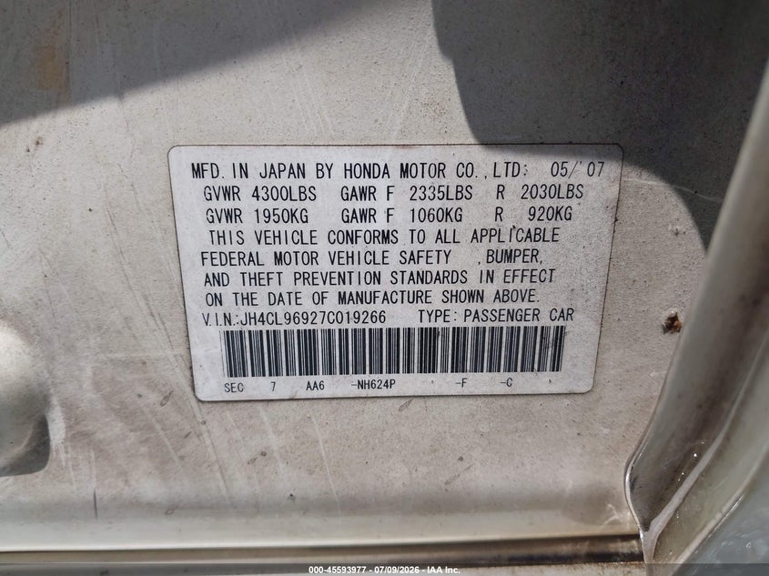 2007 Acura Tsx VIN JH4CL96927C019266 IAAI salvage auction — NORMAL WEAR, Repossession Paperwork (Georgia), sold $250 on 2026-07-28 (photo 9)