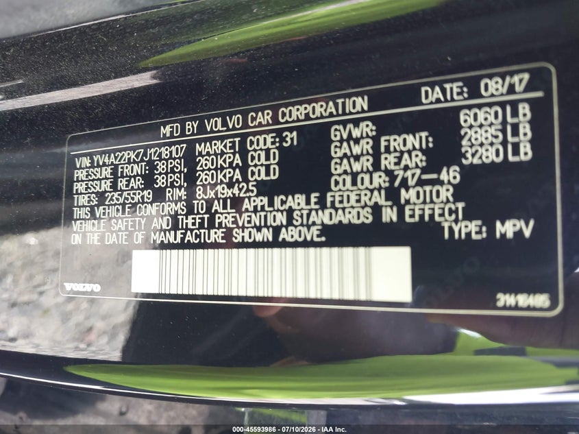 2018 Volvo Xc90 VIN YV4A22PK7J1218107 IAAI salvage auction — LEFT FRONT, Wait Title, sold $4,650 on 2026-08-19 (photo 9)