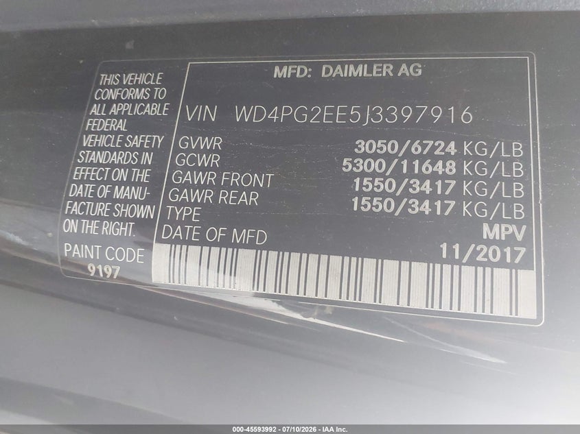 2018 Mercedes-benz Metris VIN WD4PG2EE5J3397916 IAAI salvage auction — ALL OVER, Clear (New York), sold $4,500 on 2026-07-29 (photo 9)