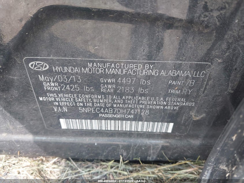 2013 Hyundai Sonata VIN 5NPEC4AB7DH741128 IAAI salvage auction — NORMAL WEAR, Original (Ohio), sold $300 on 2026-07-27 (photo 9)