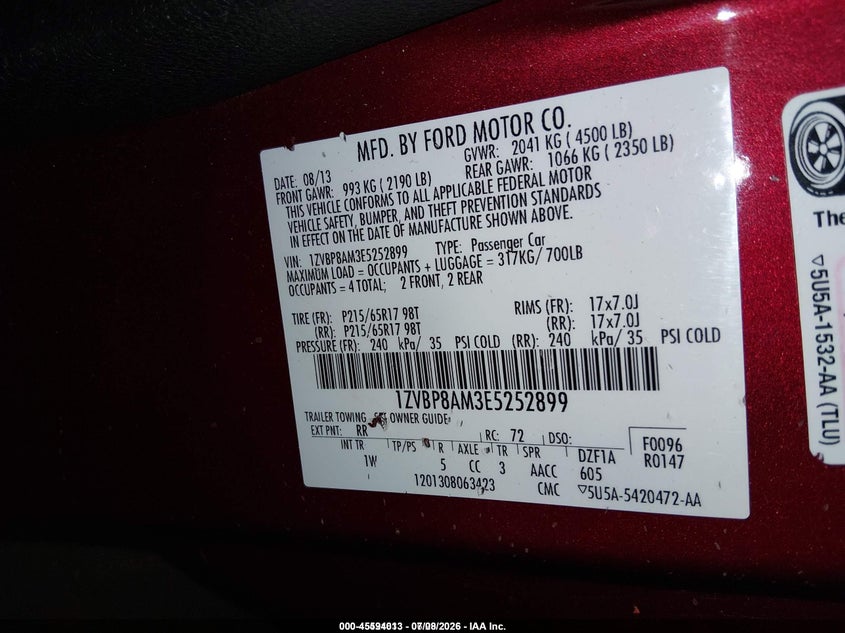 2014 Ford Mustang VIN 1ZVBP8AM3E5252899 IAAI salvage auction — LEFT SIDE, Salvage (Idaho), sold $525 on 2026-07-29 (photo 9)