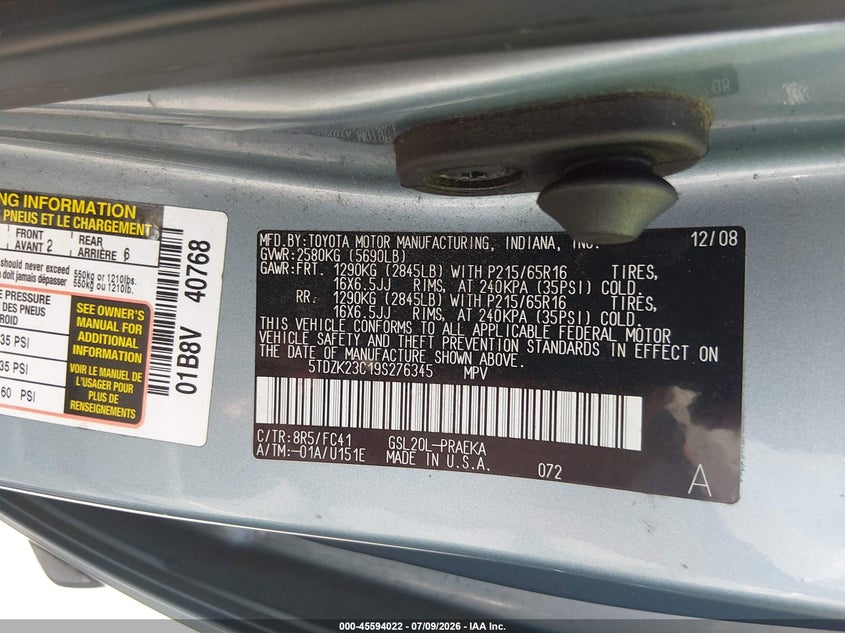 2009 Toyota Sienna VIN 5TDZK23C19S276345 IAAI salvage auction — NORMAL WEAR, Clear (New Jersey), sold $1,200 on 2026-07-13 (photo 9)