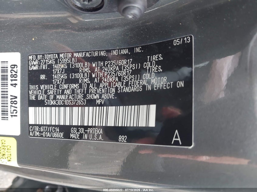 2013 Toyota Sienna VIN 5TDKK3DC1DS372653 IAAI salvage auction — FRONT END, Mv-907A (New York), sold $25 on 2026-07-29 (photo 9)