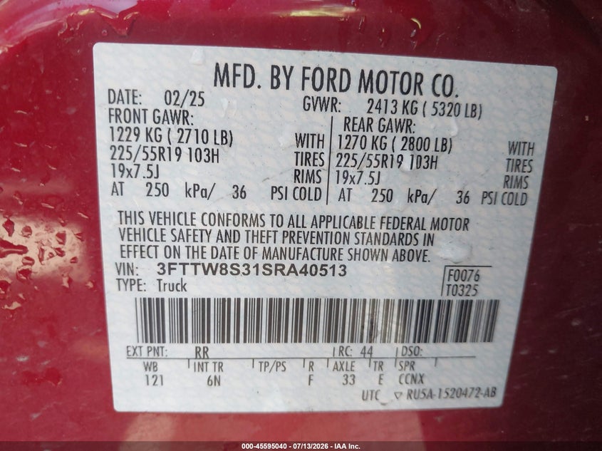 2025 Ford Maverick VIN 3FTTW8S31SRA40513 IAAI salvage auction — FRONT END, Salvage - Greater Than 75% (Maryland), sold $10,300 on 2026-07-30 (photo 9)