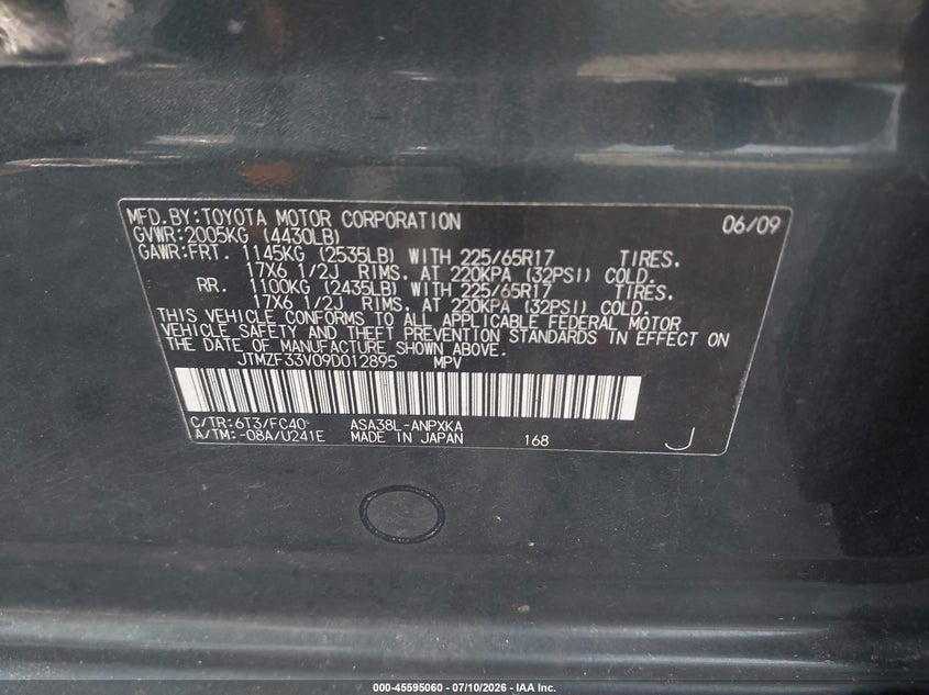 2009 Toyota Rav4 VIN JTMZF33V09D012895 IAAI salvage auction — NORMAL WEAR, Original (West Virginia), sold $800 on 2026-07-28 (photo 9)