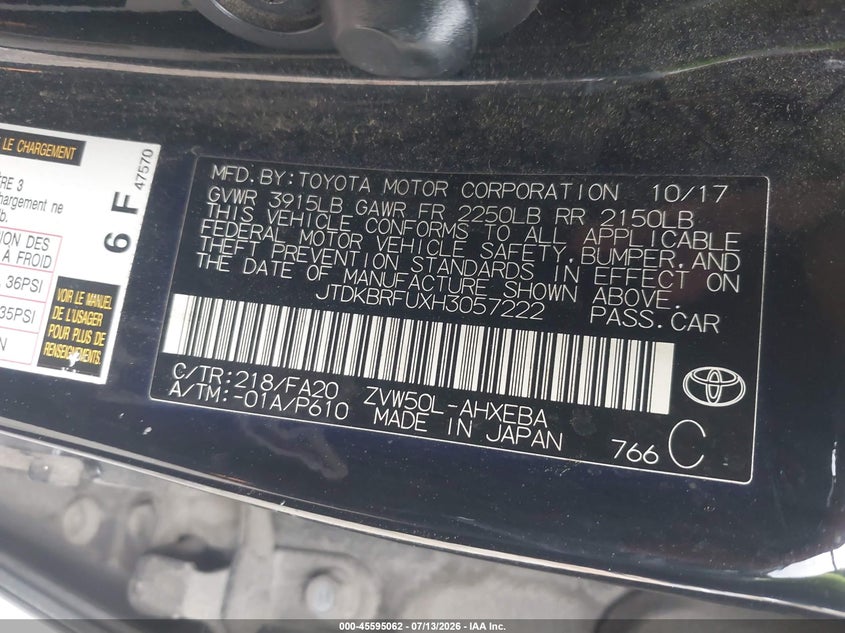 2017 Toyota Prius VIN JTDKBRFUXH3057222 IAAI salvage auction — FRONT & REAR, Salvage (California), sold $1,300 on 2026-07-17 (photo 9)