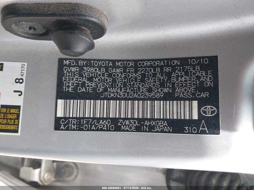 2010 Toyota Prius VIN JTDKN3DU2A0239589 IAAI salvage auction — RIGHT REAR, Salvage (California), sold $1,150 on 2026-07-29 (photo 9)