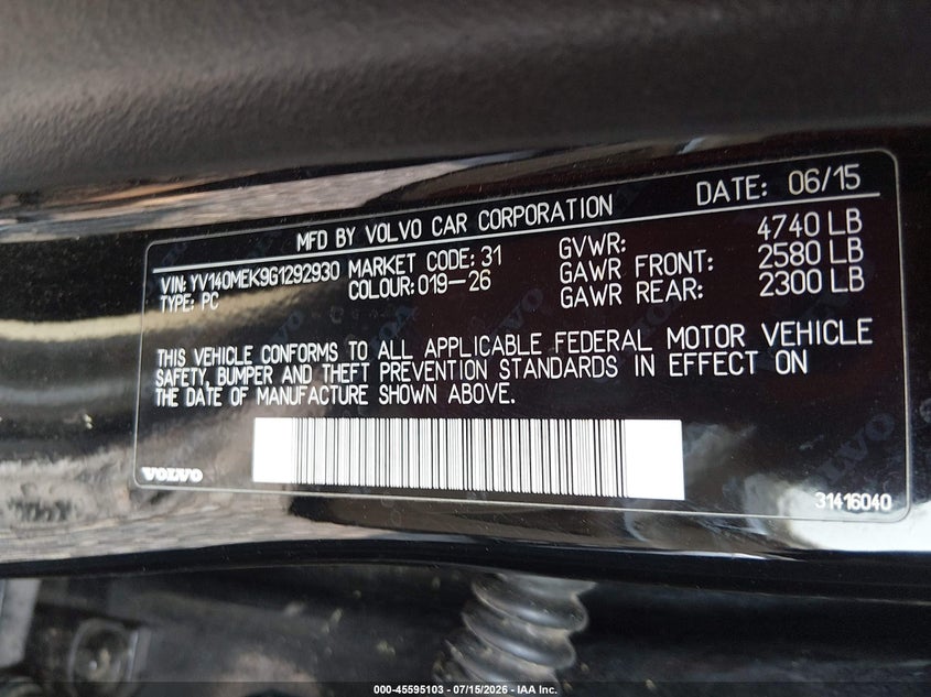 2016 Volvo V60 VIN YV140MEK9G1292930 IAAI salvage auction — NORMAL WEAR, Original (West Virginia), sold $450 on 2026-07-29 (photo 9)