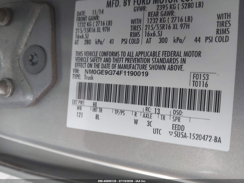 2015 Ford Transit VIN NM0GE9G74F1190019 IAAI salvage auction — NORMAL WEAR, Clear (Georgia), sold $1,350 on 2026-07-28 (photo 9)