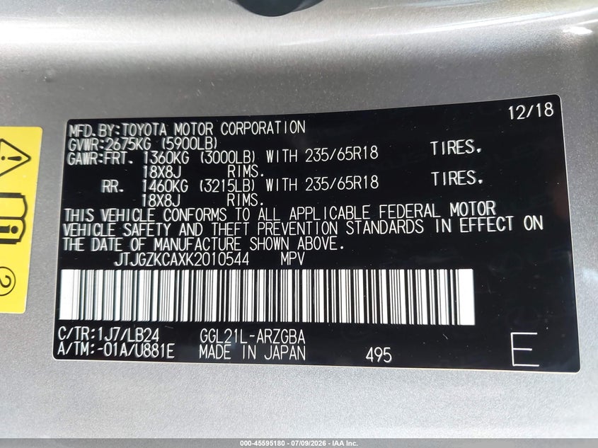 2019 Lexus Rx VIN JTJGZKCAXK2010544 IAAI salvage auction — FRONT END, Salvage (California), sold $6,500 on 2026-07-31 (photo 9)