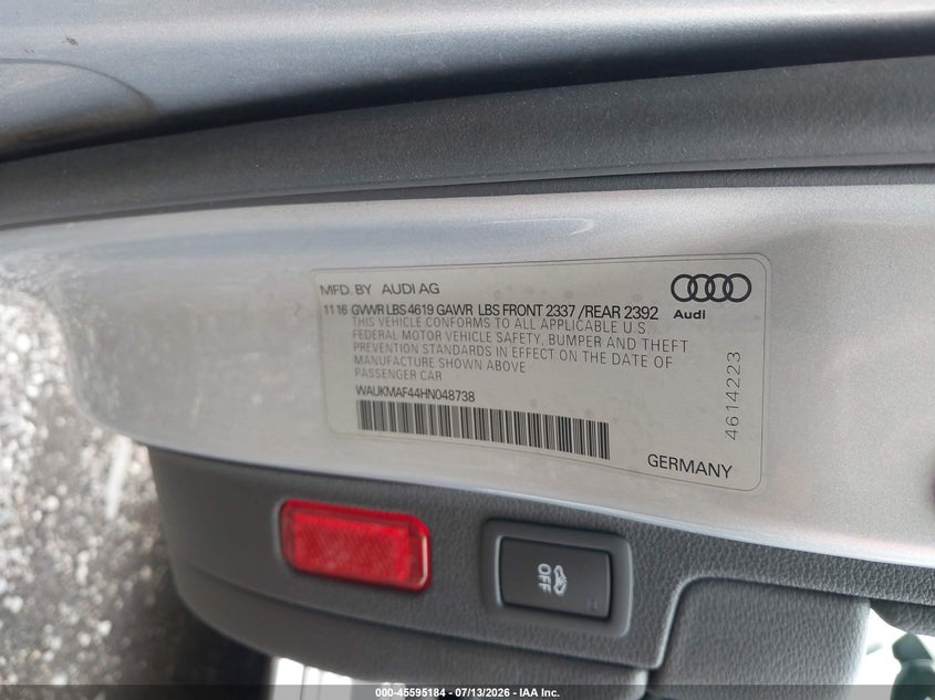 2017 Audi A4 VIN WAUKMAF44HN048738 IAAI salvage auction — FRONT END, Rebuildable (Florida), sold $1,700 on 2026-07-24 (photo 9)