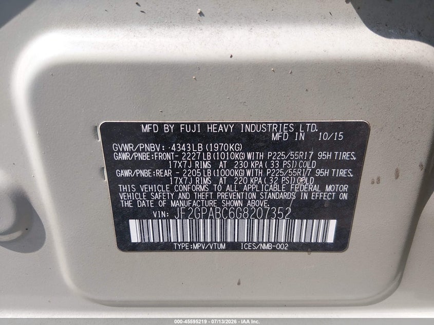 2016 Subaru Xv VIN JF2GPABC6G8207352 IAAI salvage auction — WATER/FLOOD, Salvage (Idaho), sold $1,900 on 2026-07-24 (photo 9)