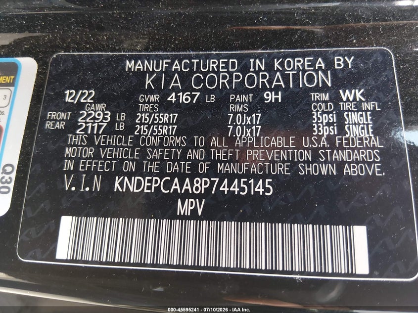 2023 Kia Seltos VIN KNDEPCAA8P7445145 IAAI salvage auction — ROOF, Salvage Title, sold $7,750 on 2026-08-11 (photo 9)