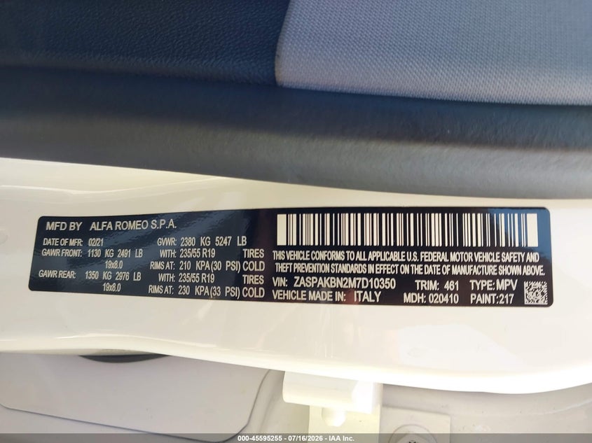 2021 Alfa romeo Stelvio VIN ZASPAKBN2M7D10350 IAAI salvage auction — FRONT END, Salvage Title, sold $7,500 on 2026-08-19 (photo 9)