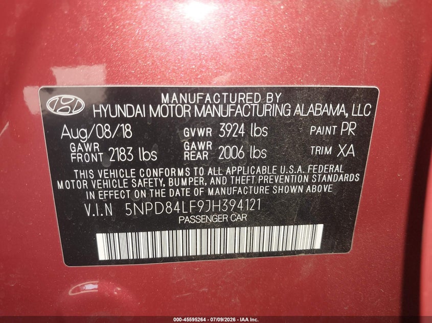 2018 Hyundai Elantra VIN 5NPD84LF9JH394121 IAAI salvage auction — REAR END, Salvage Title, sold $3,550 on 2026-07-26 (photo 9)
