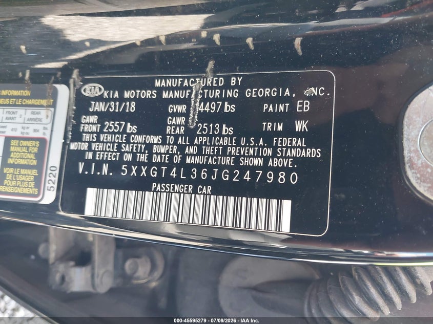 2018 Kia Optima VIN 5XXGT4L36JG247980 IAAI salvage auction — NORMAL WEAR, Clear (South Carolina), sold $1,150 on 2026-07-28 (photo 9)