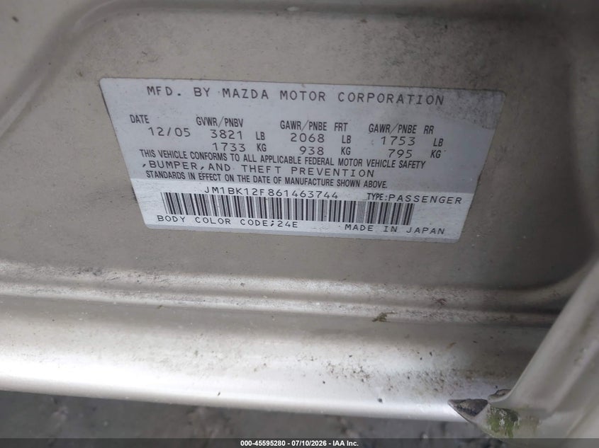 2006 Mazda 3 VIN JM1BK12F861463744 IAAI salvage auction — NORMAL WEAR, Clear, sold $25 on 2026-07-21 (photo 9)