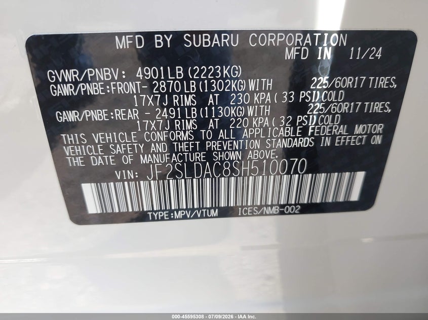 2025 Subaru Forester VIN JF2SLDAC8SH510070 IAAI salvage auction — FRONT END, Salvage Title, sold $3,200 on 2026-08-23 (photo 9)