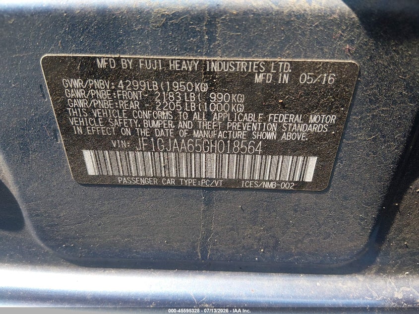 2016 Subaru Impreza VIN JF1GJAA65GH018564 IAAI salvage auction — FRONT END, Salvage (Pennsylvania), sold $225 on 2026-07-27 (photo 9)
