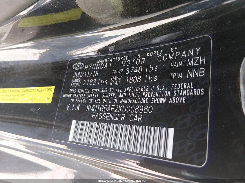 2019 Hyundai Veloster VIN KMHTG6AF2KU008980 IAAI salvage auction — NORMAL WEAR, Clear - Public Restricted (Oklahoma), sold $25 on 2026-07-22 (photo 9)