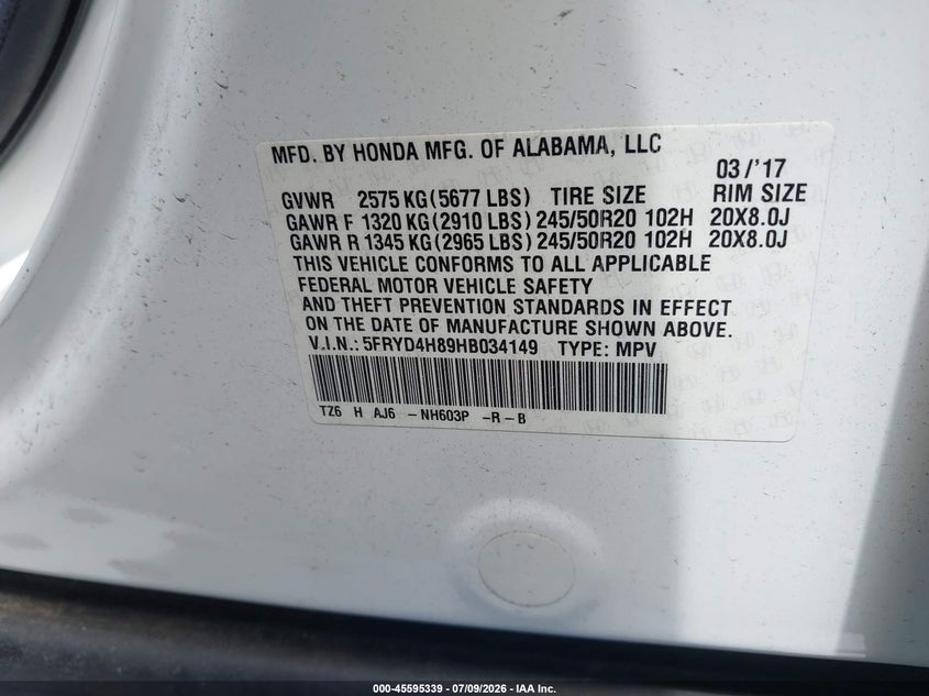 2017 Acura Mdx VIN 5FRYD4H89HB034149 IAAI salvage auction — SIDE, Salvage Title, sold $3,000 on 2026-07-26 (photo 9)