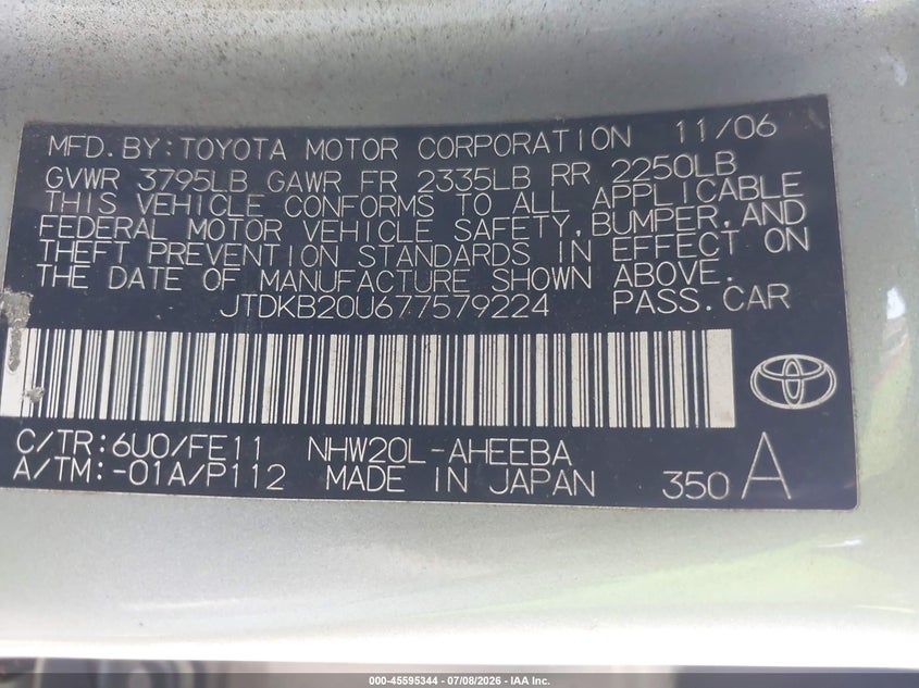 2007 Toyota Prius VIN JTDKB20U677579224 IAAI salvage auction — UNKNOWN, Clear (Tennessee), sold $625 on 2026-07-29 (photo 9)