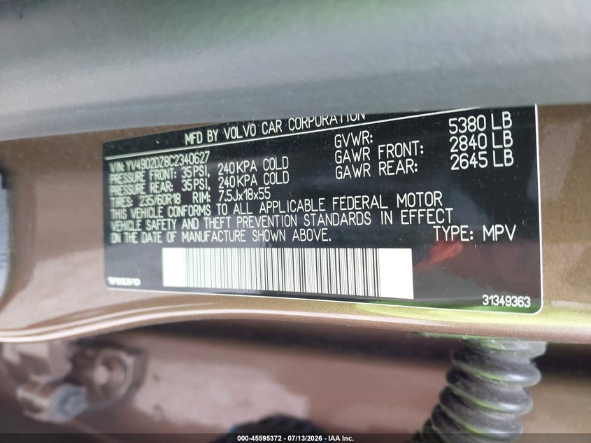2012 Volvo Xc60 VIN YV4902DZ8C2340627 IAAI salvage auction — NORMAL WEAR, Clear (Illinois), sold $425 on 2026-07-28 (photo 9)