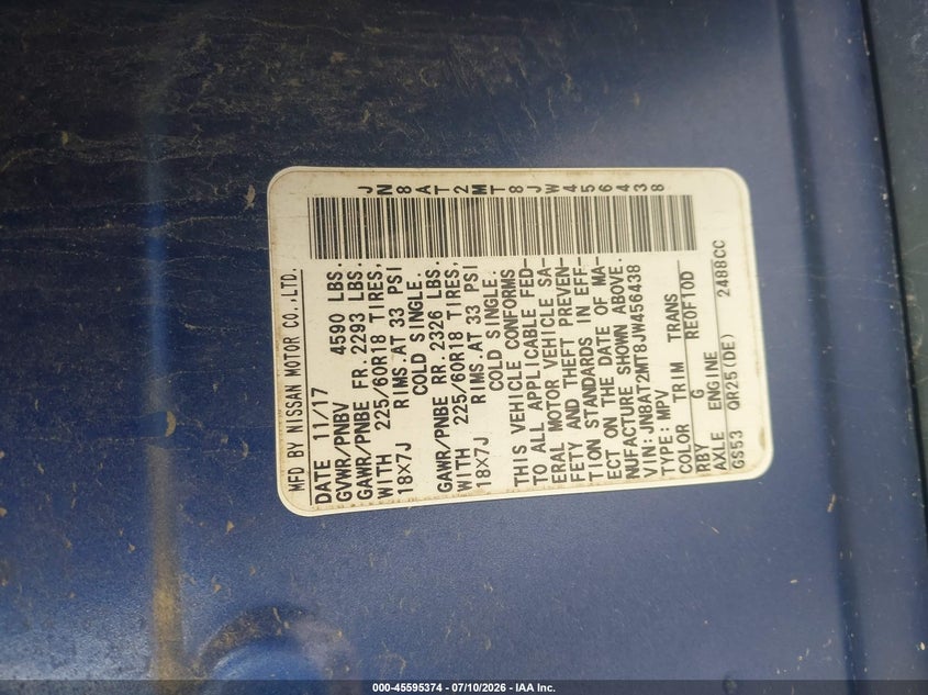 2018 Nissan Rogue VIN JN8AT2MT8JW456438 IAAI salvage auction — FRONT END, Salvage Title, sold $2,500 on 2026-08-23 (photo 9)