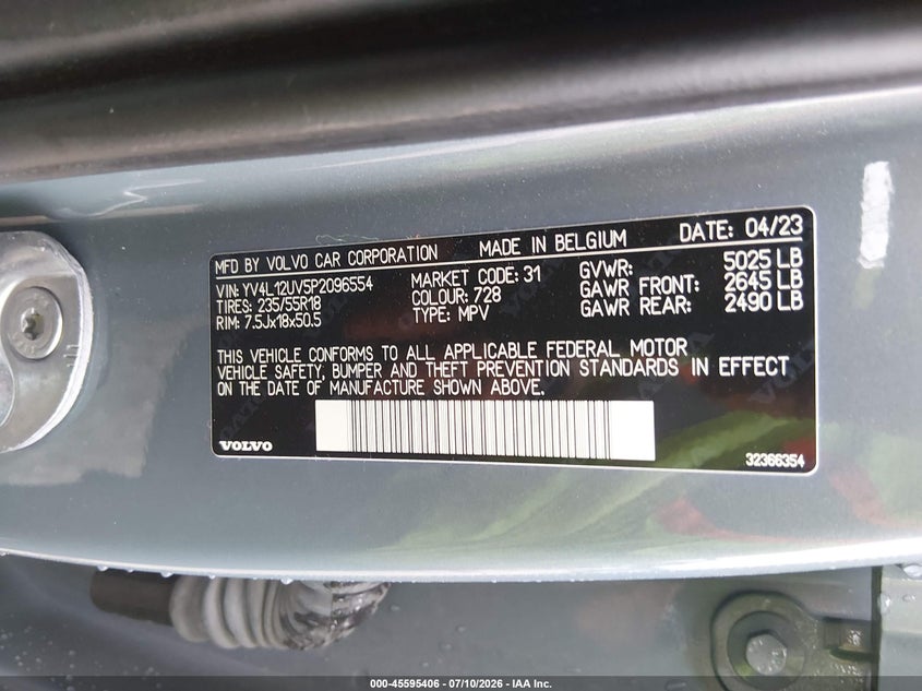 2023 Volvo Xc40 VIN YV4L12UV5P2096554 IAAI salvage auction — REAR END, Salvage (Indiana), sold $12,200 on 2026-08-13 (photo 9)