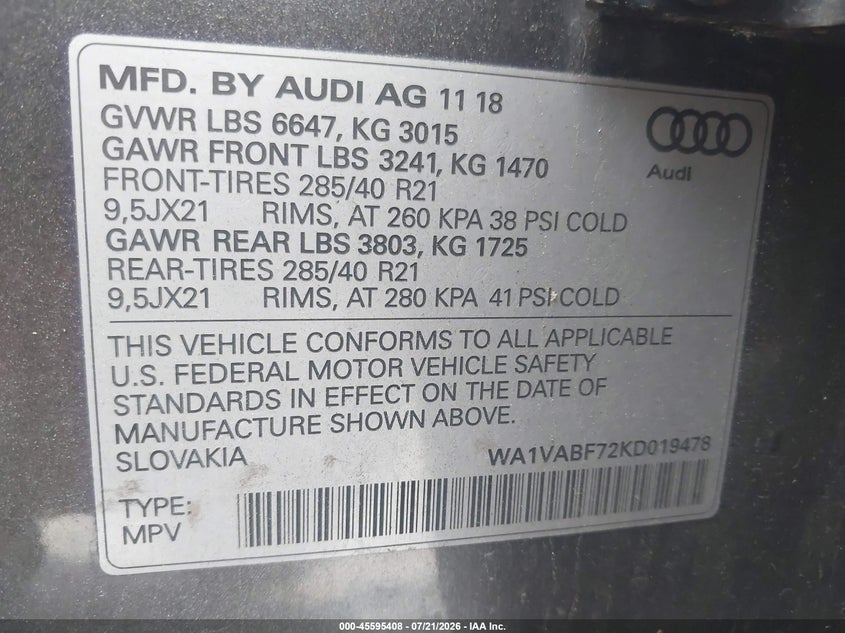 2019 Audi Q7 VIN WA1VABF72KD019478 IAAI salvage auction — LEFT REAR, Wait Title, sold $7,200 on 2026-09-05 (photo 9)