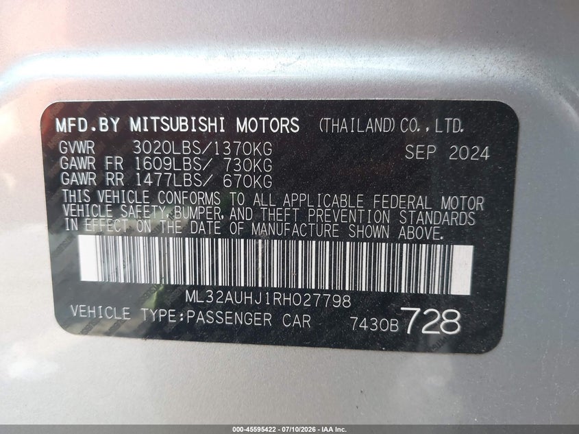 2024 Mitsubishi Mirage VIN ML32AUHJ1RH027798 IAAI salvage auction — FRONT END, Enterprise Vehicles Clear Only (Ohio), sold $5,675 on 2026-07-15 (photo 9)