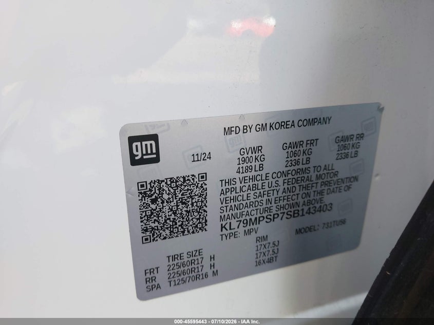 2025 Chevrolet Trailblazer VIN KL79MPSP7SB143403 IAAI salvage auction — REAR END, Enterprise Vehicles Clear Only (Alabama), sold $8,550 on 2026-07-15 (photo 9)