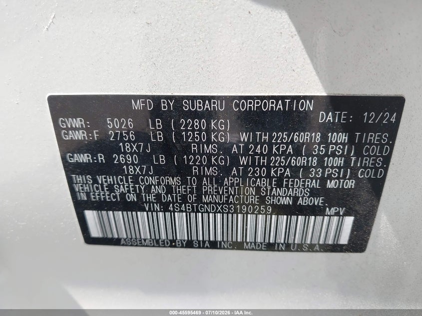 2025 Subaru Outback VIN 4S4BTGNDXS3190259 IAAI salvage auction — WATER/FLOOD, Salvage Title, sold $9,500 on 2026-08-20 (photo 9)