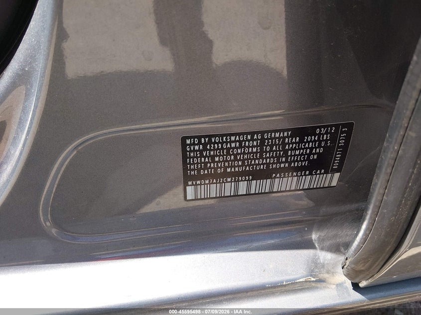 2012 Volkswagen Golf VIN WVWDM7AJ2CW279099 IAAI salvage auction — REAR END, Salvage Title, sold $575 on 2026-08-12 (photo 9)