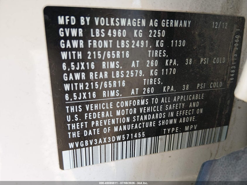 2013 Volkswagen Tiguan VIN WVGBV3AX3DW571455 IAAI salvage auction — NORMAL WEAR, Peddle Clear Public-Restricted (Oregon), sold $225 on 2026-07-29 (photo 9)