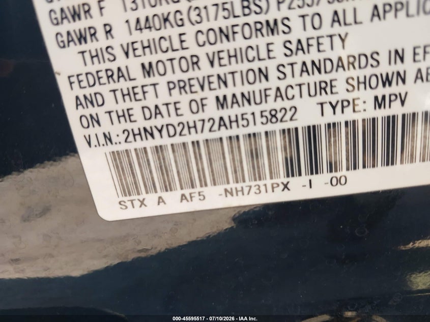 2010 Acura Mdx VIN 2HNYD2H72AH515822 IAAI salvage auction — SIDE, Clear (Massachusetts), sold $575 on 2026-07-18 (photo 9)