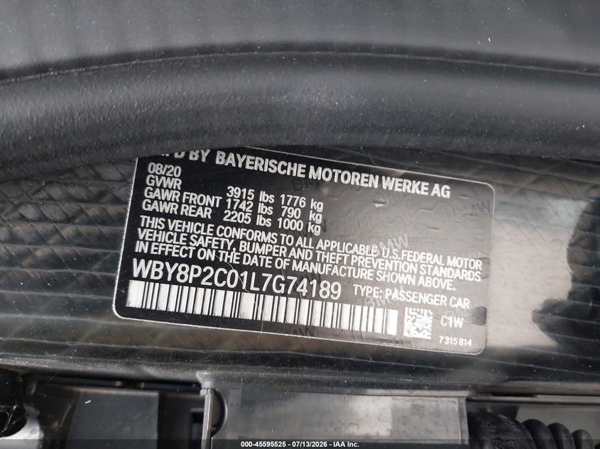 2020 BMW I3 VIN WBY8P2C01L7G74189 IAAI salvage auction — FRONT END, Salvage (California), sold $4,825 on 2026-07-30 (photo 9)