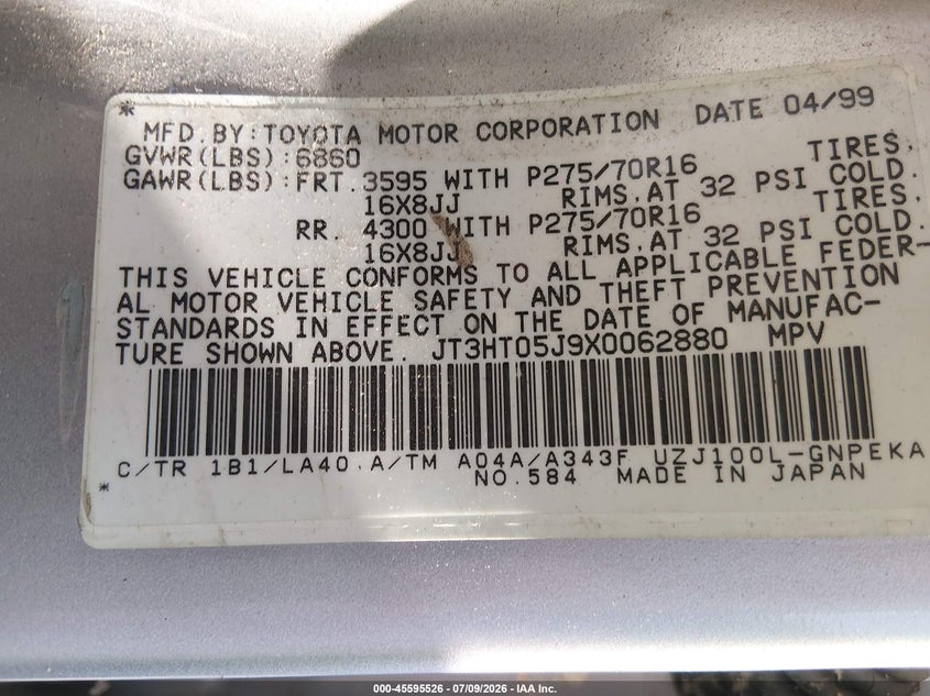 1999 Toyota Land cruiser VIN JT3HT05J9X0062880 IAAI salvage auction — NORMAL WEAR, Clear (Pennsylvania), sold $550 on 2026-07-28 (photo 9)