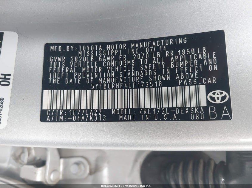 2014 Toyota Corolla VIN 5YFBURHE4EP173518 IAAI salvage auction — RIGHT REAR, Salvage (California), sold $1,750 on 2026-07-21 (photo 9)